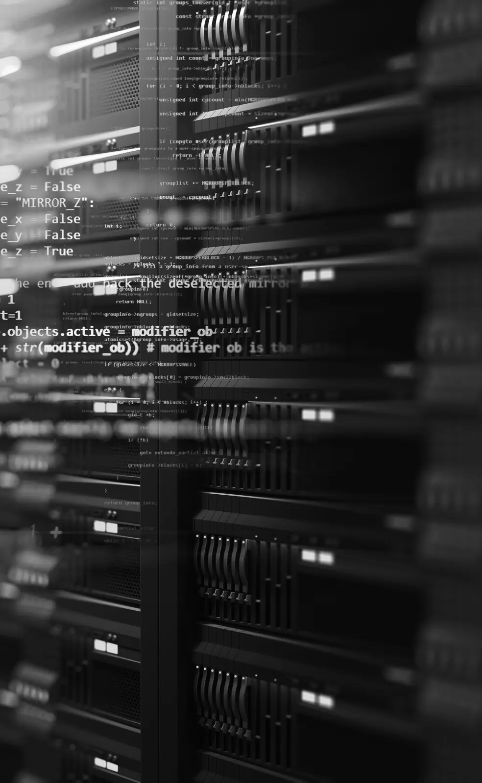 Server racks in a dark data centre, source code overlaid