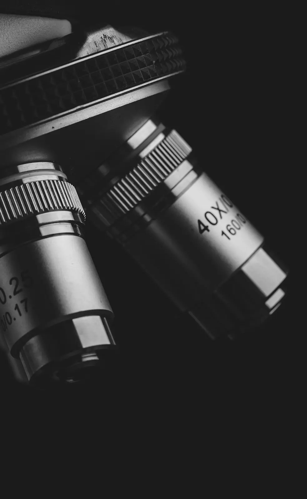 Close-up of microscope objective lenses