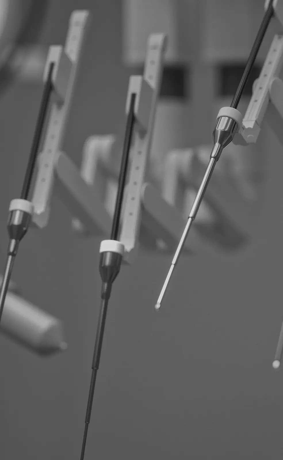 Row of medical instruments on a clinical rack