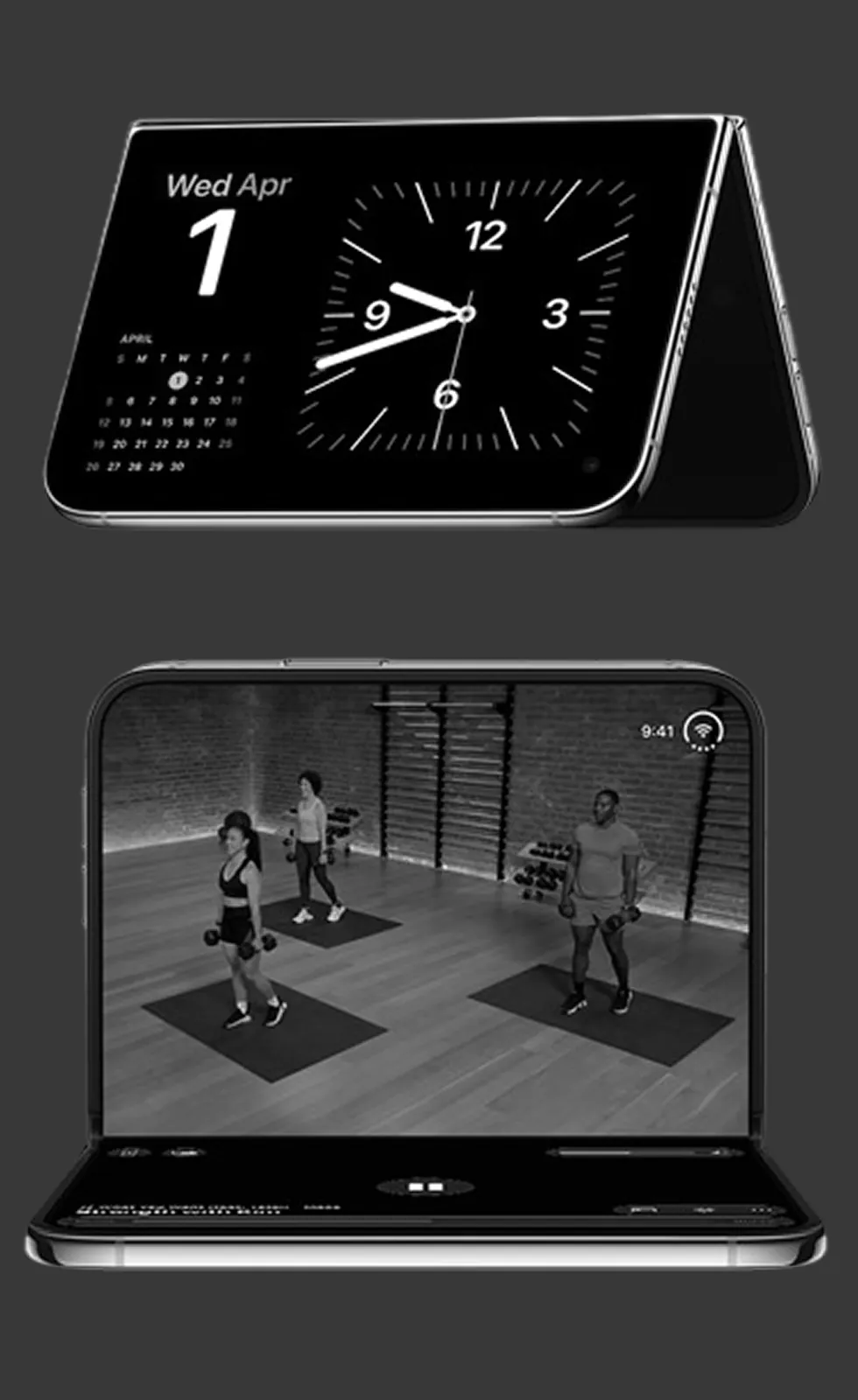 iPhone Duo tented on a desk showing the clock, and unfolded flat playing a workout class