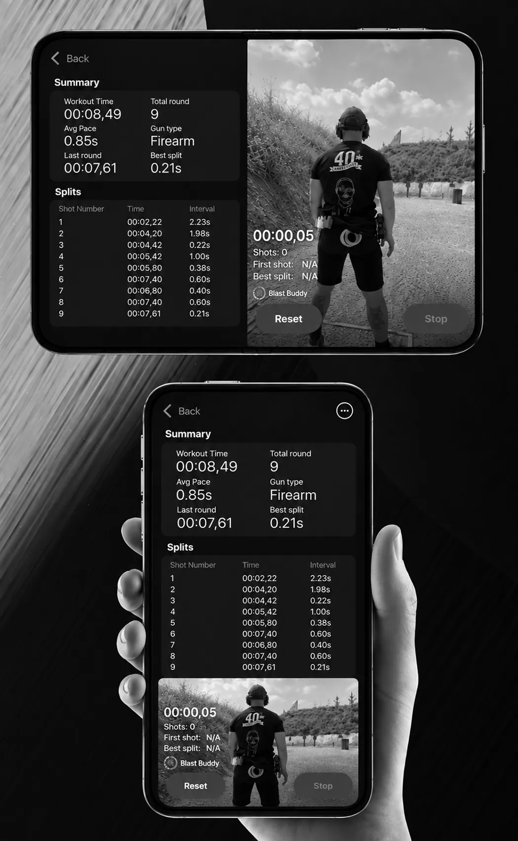 Shot-timer app on an iPhone held in one hand, with an unfolded iPhone Duo behind it