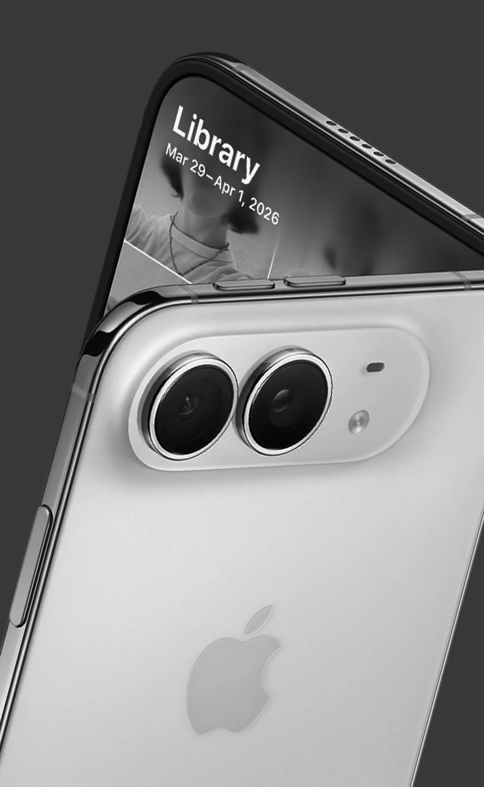 White iPhone Duo half-open, showing its dual camera and the Photos library