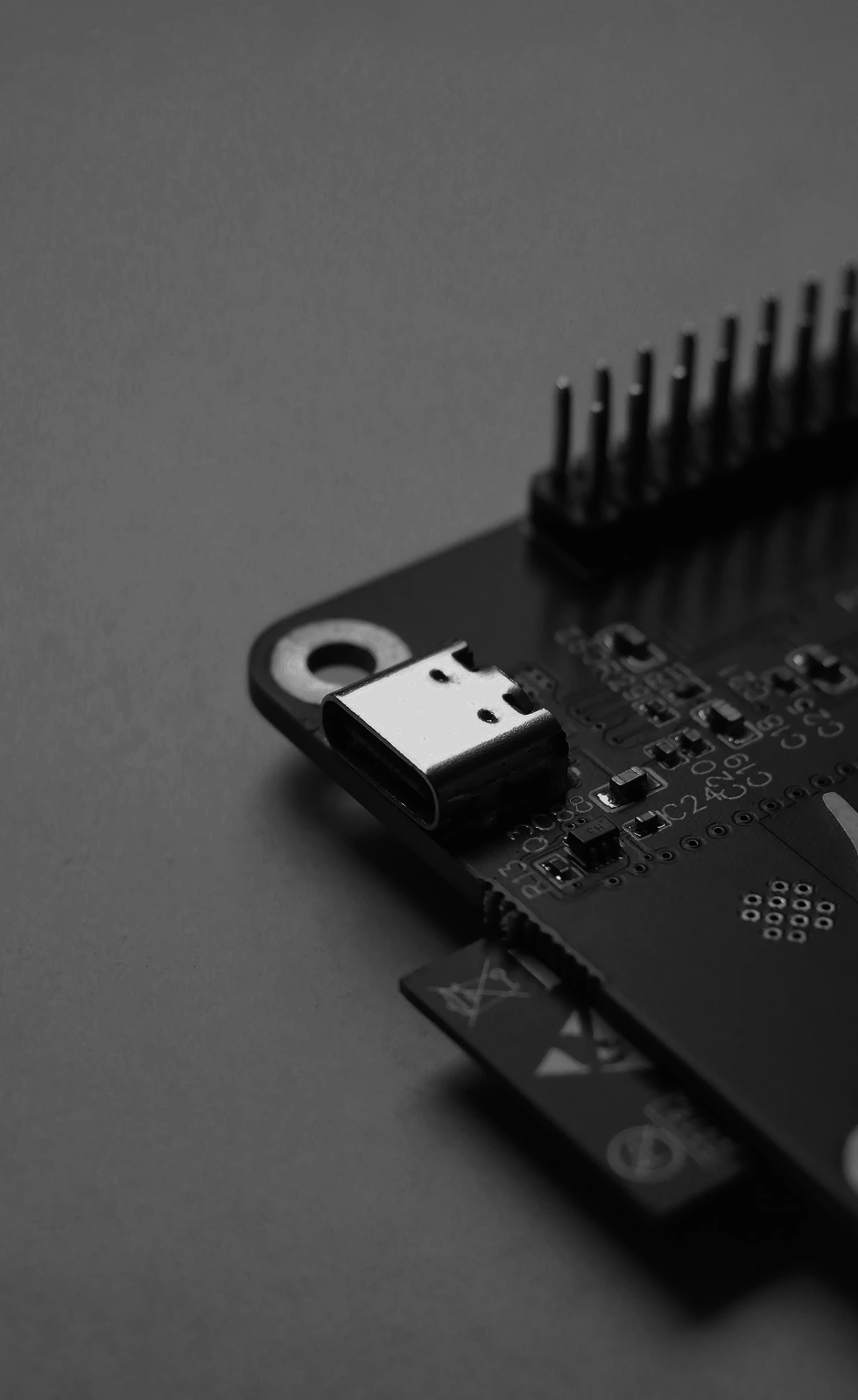 Close-up of a circuit board with a USB-C connector